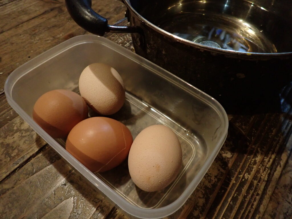 鍋から、温泉卵を取り出す。