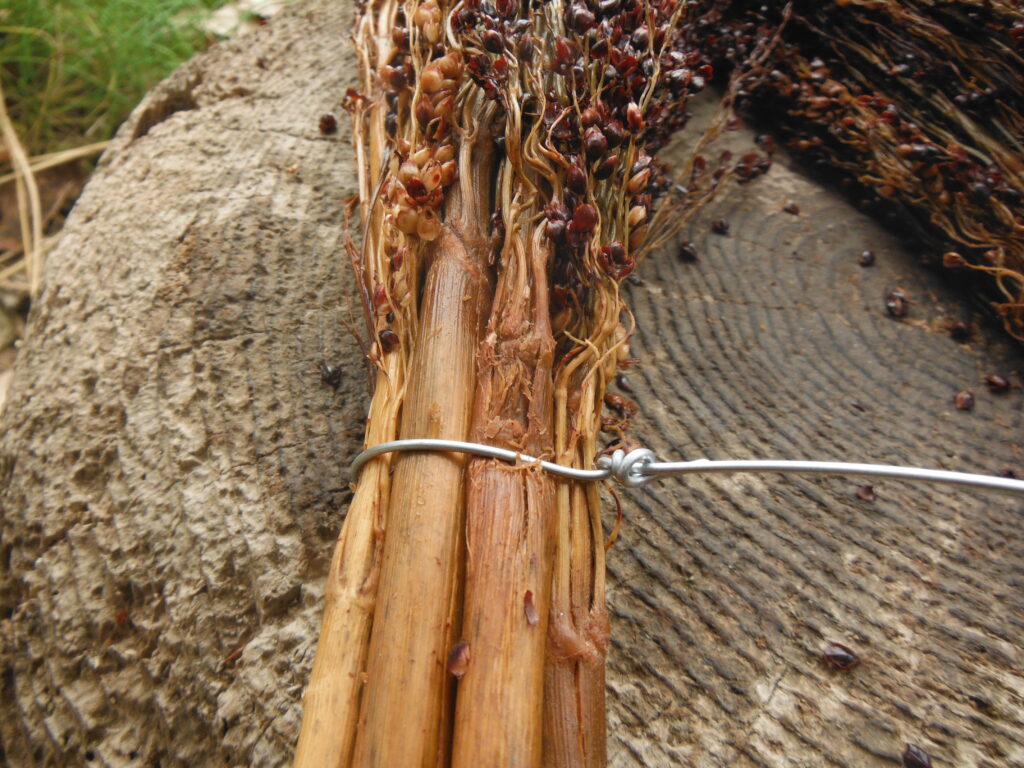 針金で高きびの穂をまとめていく。