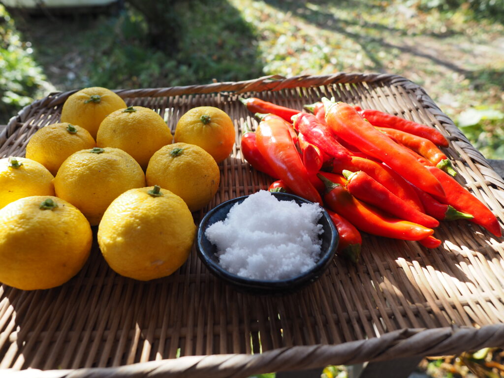 収穫した赤唐辛子と黄柚子と塩。