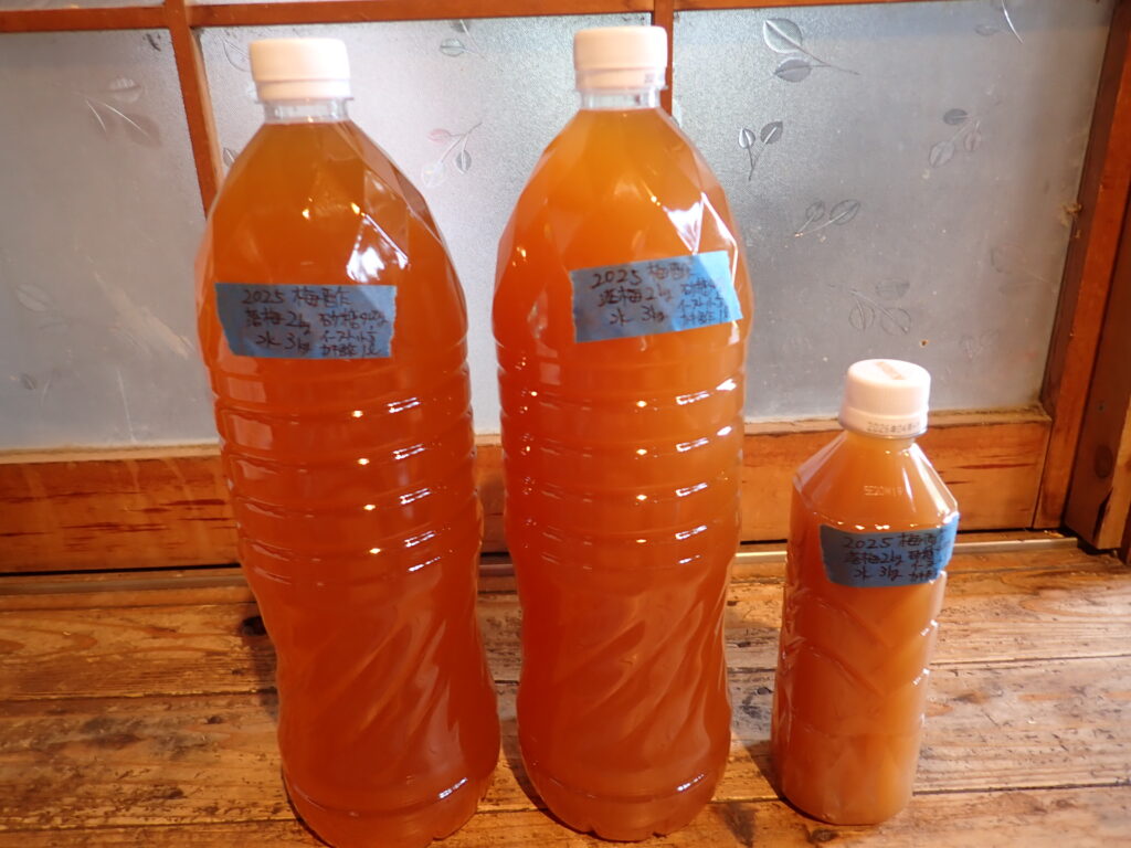 ペットボトルに梅のお酢を詰める。