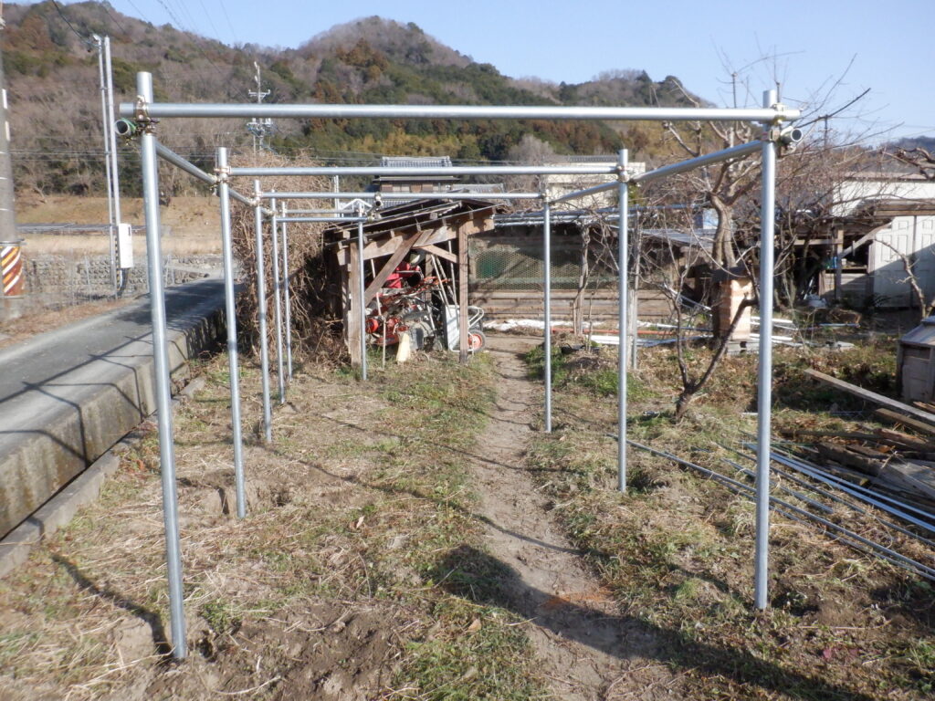 単管パイプを組み立てていく。